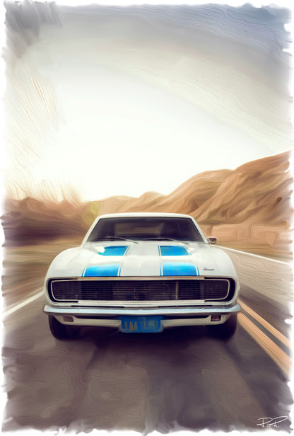 Blue Stripes and Blacktop Crusin’ in a 1967 Camaro RS Print