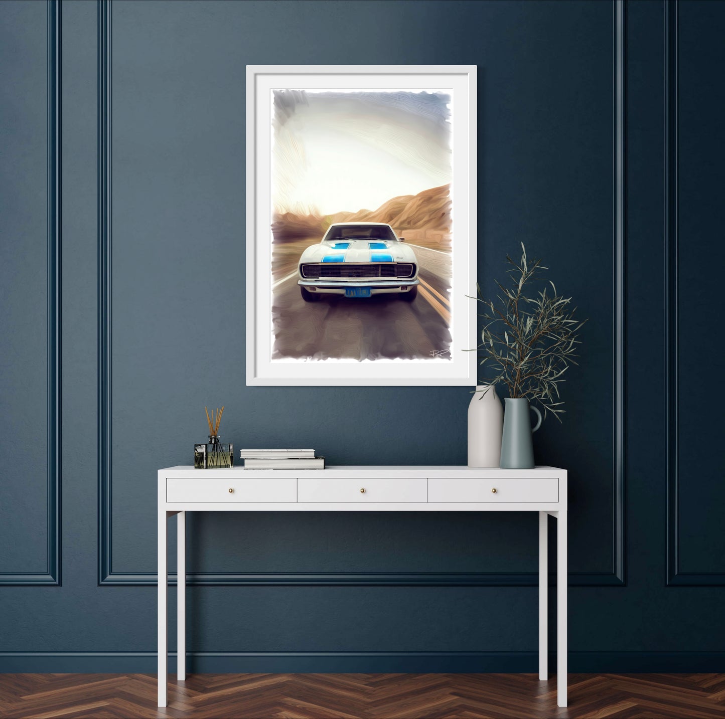 Blue Stripes and Blacktop Crusin’ in a 1967 Camaro RS Print