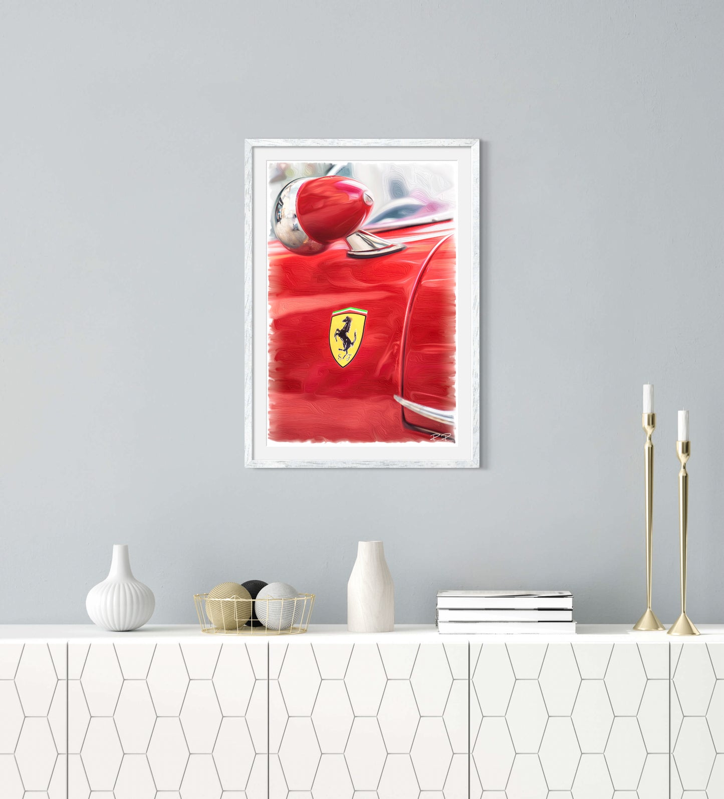 A Glimpse of Grandeur an Oil Painting of a Vintage Ferrari in Rosso Corsa