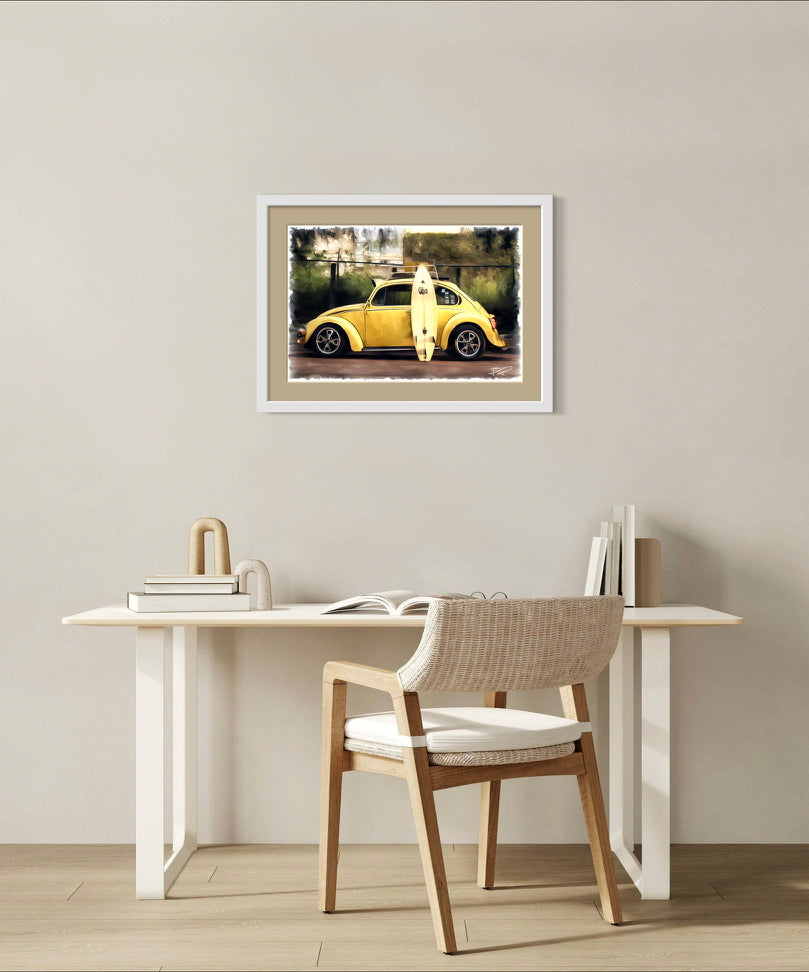 Beach Buddies - A bug & board oil painting of a Vintage Volkswagen Bug