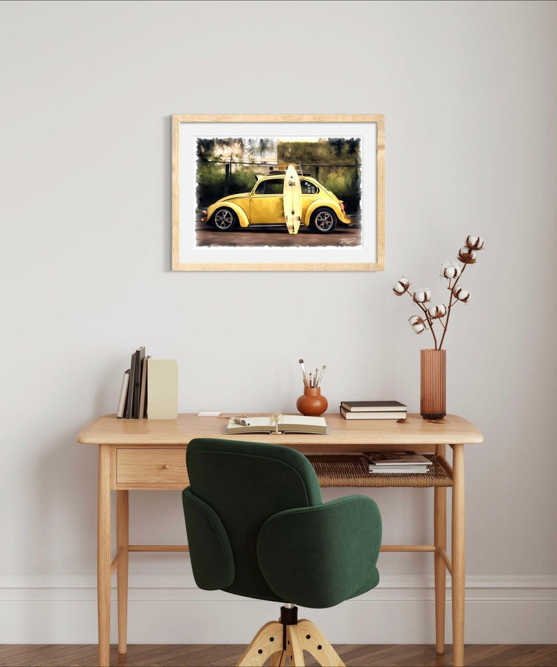 Beach Buddies - A bug & board oil painting of a Vintage Volkswagen Bug