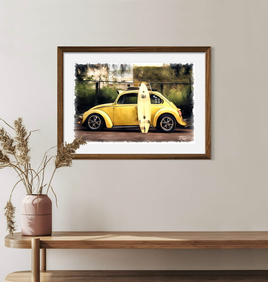 Beach Buddies - A bug & board oil painting of a Vintage Volkswagen Bug