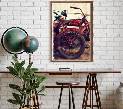 A Timeless Duo - Oil Painting of Two Vintage Motorbikes in Red - Poster - Wall Art