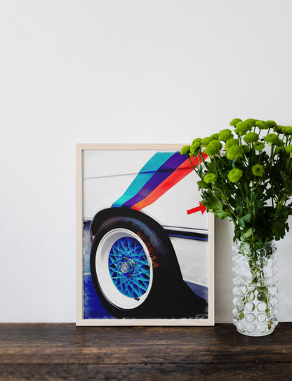 M Power in Motion: BBS Wheel and Stripes an oil painting of a BMW