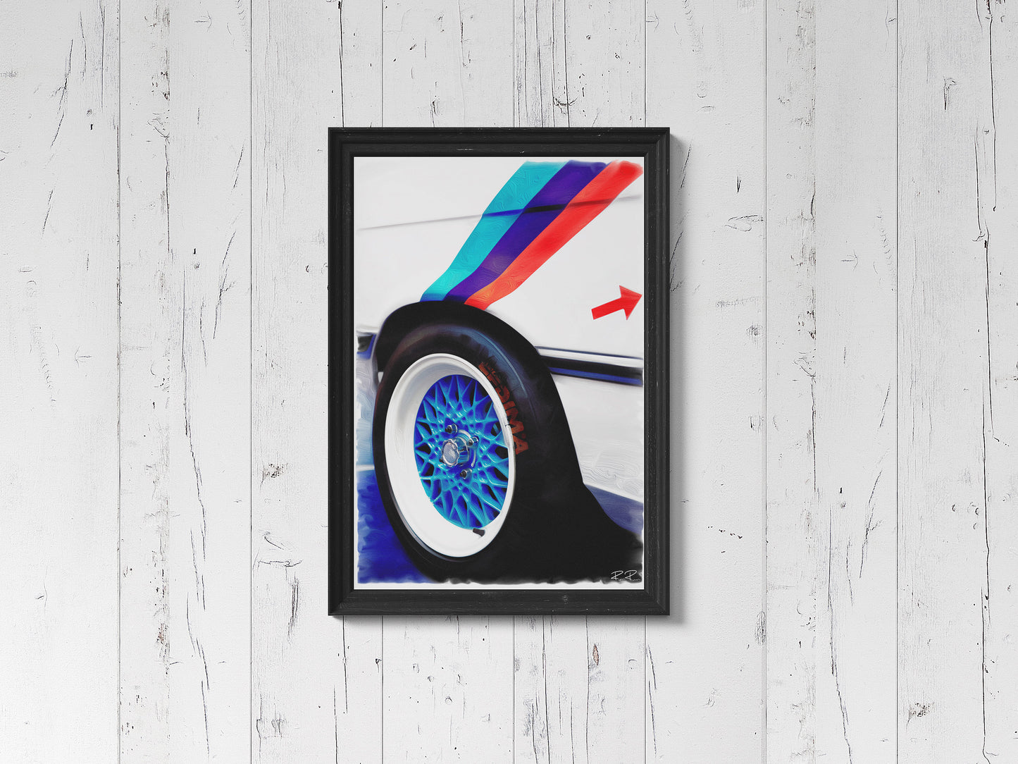 M Power in Motion: BBS Wheel and Stripes an oil painting of a BMW