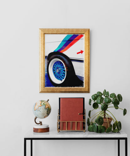 M Power in Motion: BBS Wheel and Stripes an oil painting of a BMW