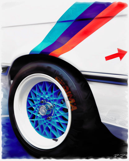 M Power in Motion: BBS Wheel and Stripes an oil painting of a BMW