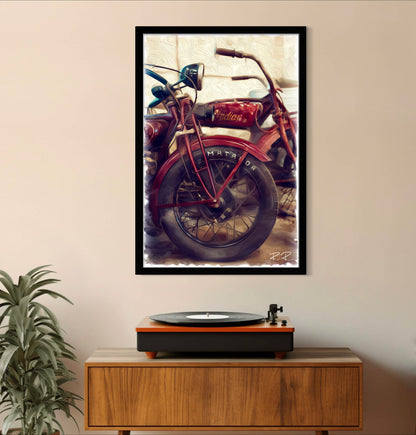 A Timeless Duo - Oil Painting of Two Vintage Motorbikes in Red - Poster - Wall Art