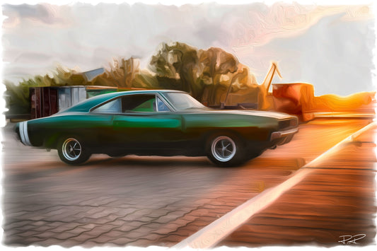 Sunset Reverie: Green Challenger in Industrial Solitude