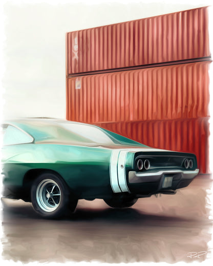 Industrial Thunder: Dark Green Challenger Amidst the Containers