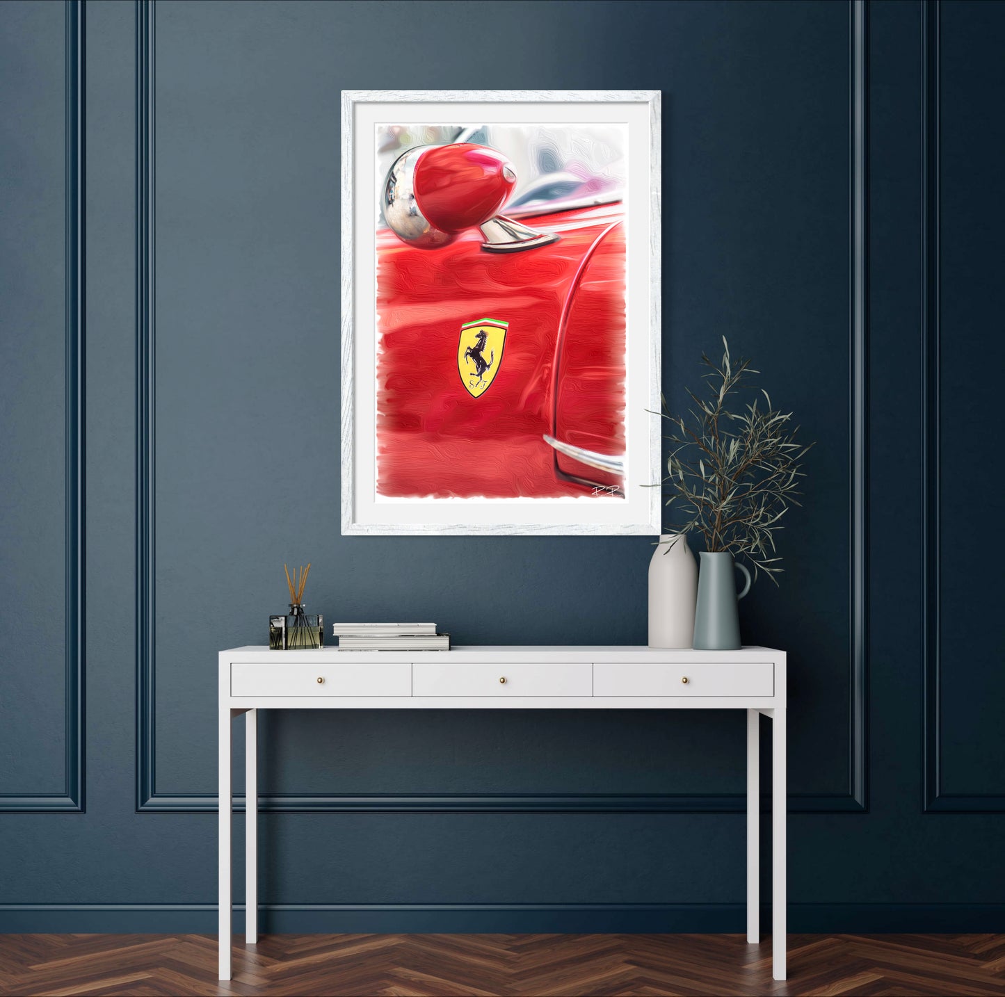 A Glimpse of Grandeur an Oil Painting of a Vintage Ferrari in Rosso Corsa