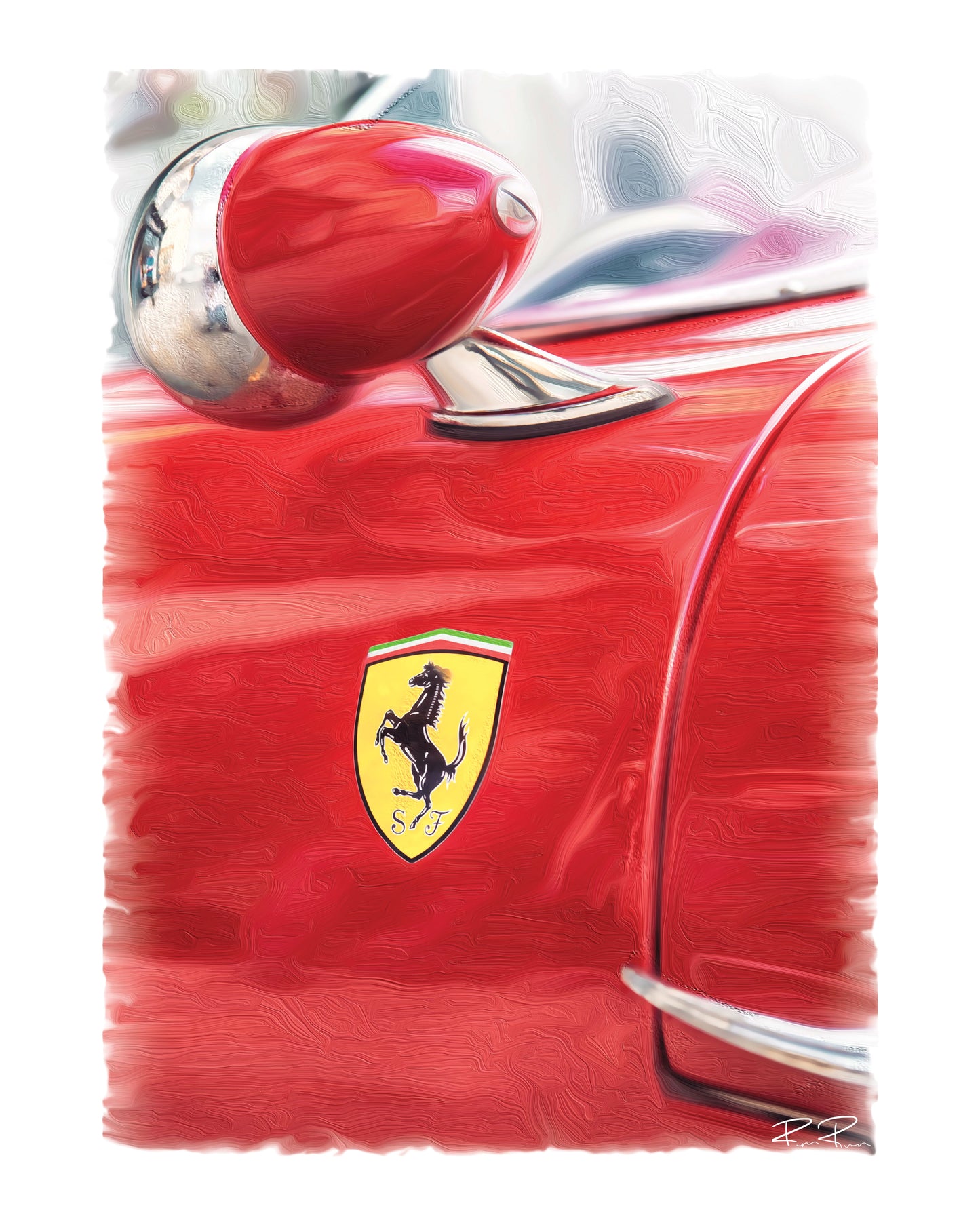 A Glimpse of Grandeur an Oil Painting of a Vintage Ferrari in Rosso Corsa