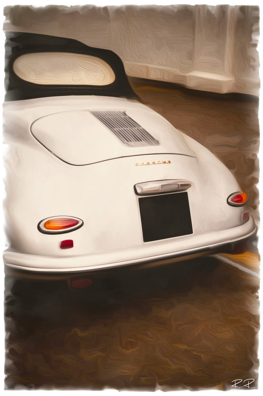 An image of a vintage Porsche convertible painting. 