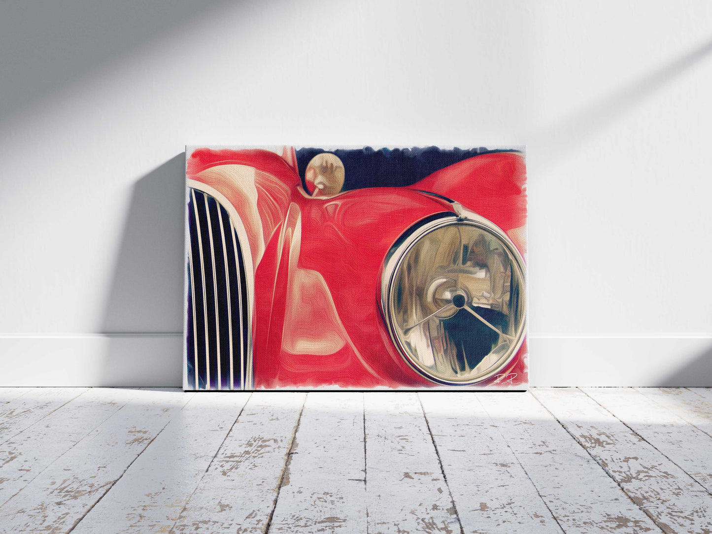 image of a red vintage car and grill with a round headlight