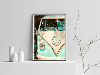 Vintage Wanderlust: Sky Blue Memories an oil painting of a vintage VW Bus