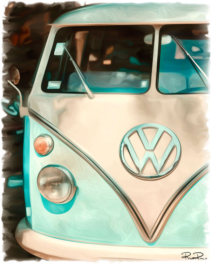 Vintage Wanderlust: Sky Blue Memories an oil painting of a vintage VW Bus