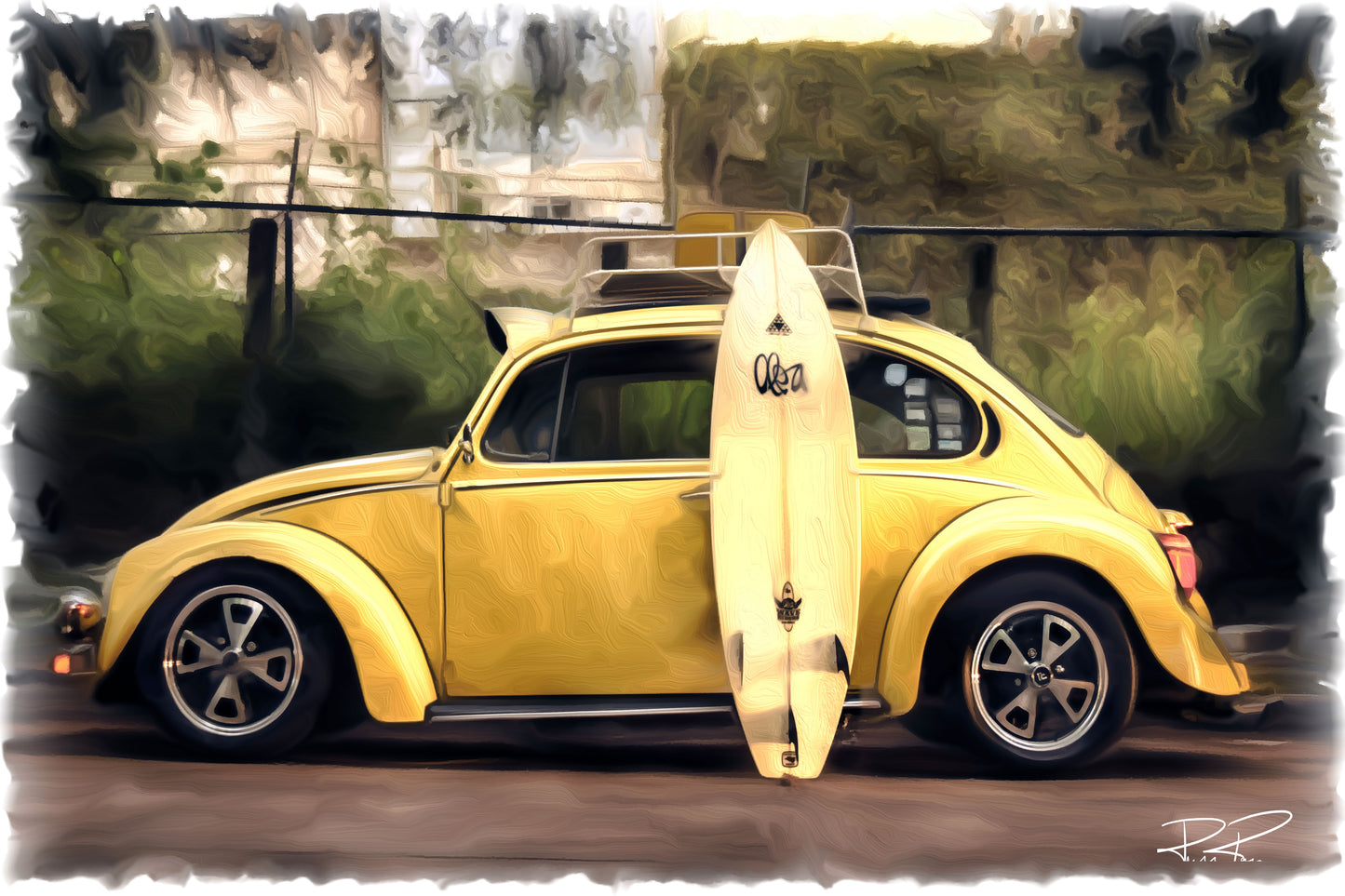 Beach Buddies - A bug & board oil painting of a Vintage Volkswagen Bug