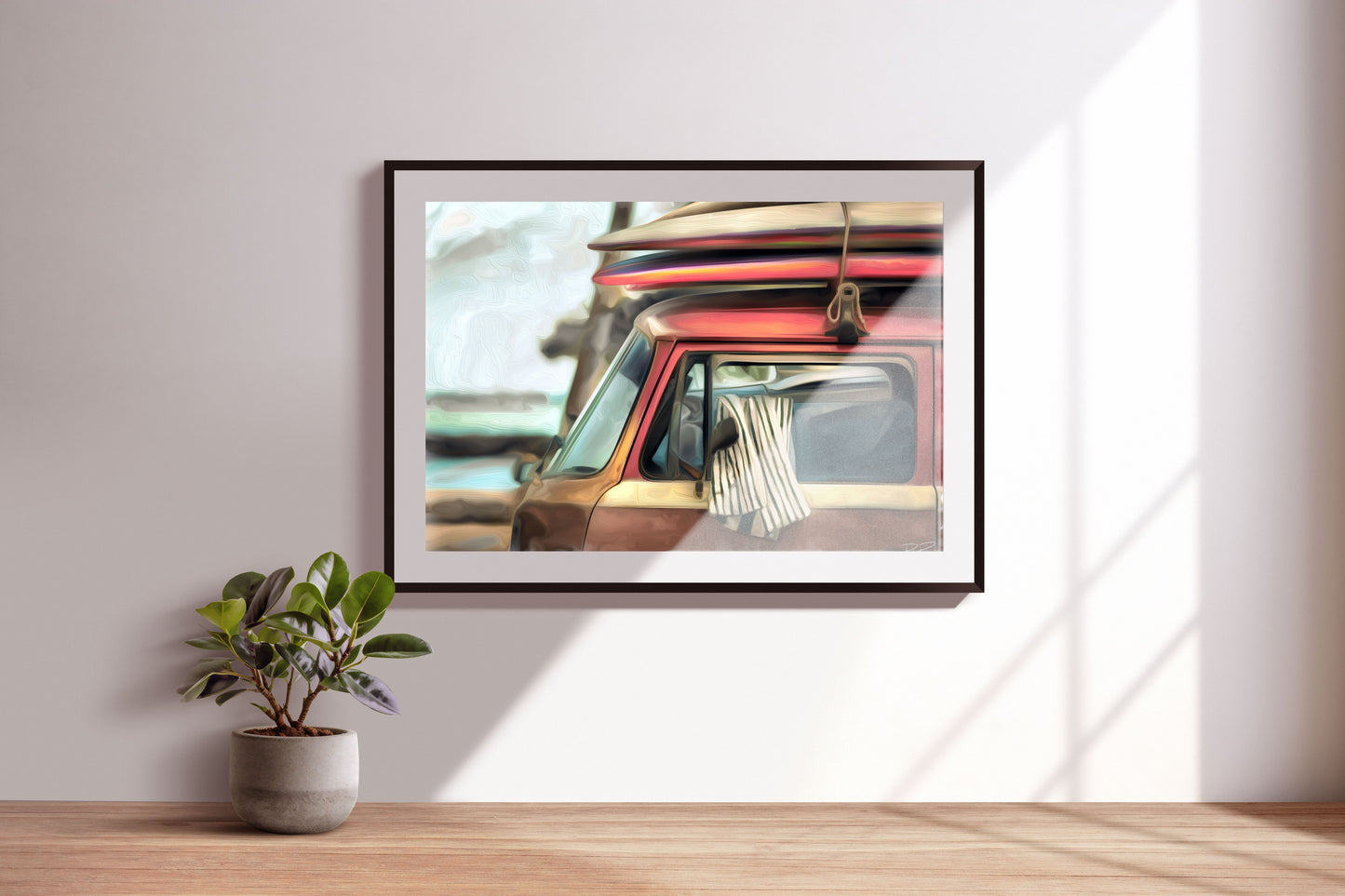 Beach Vibes: Bus and Boards an oil painting of a VW Bus