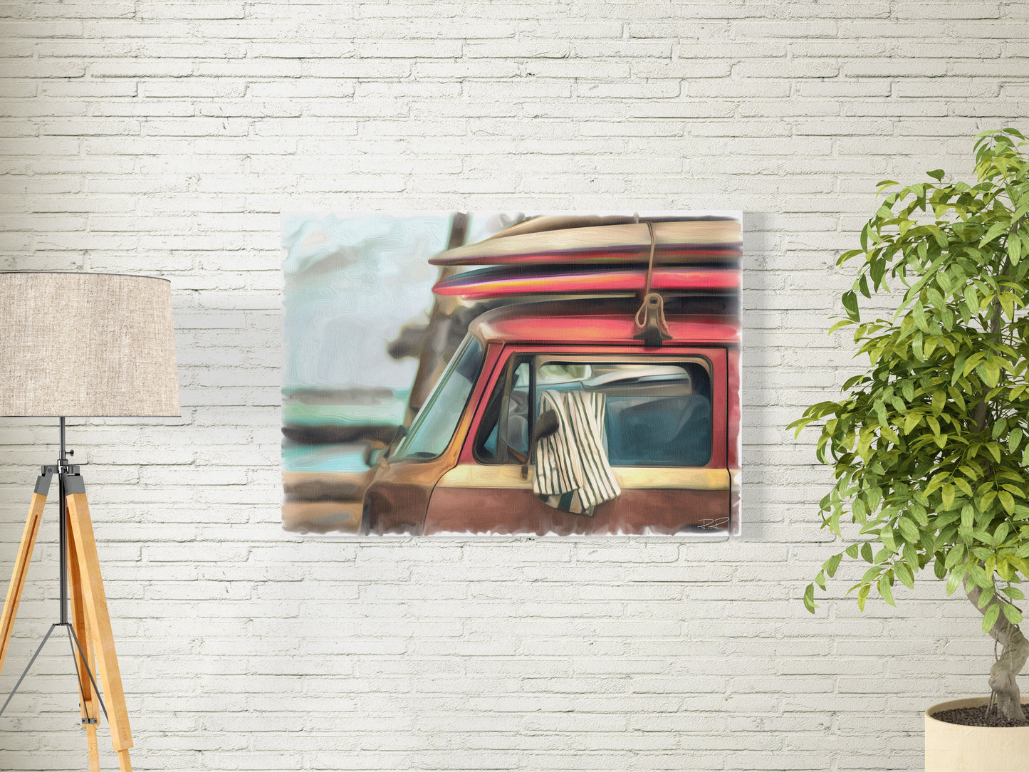 Beach Vibes: Bus and Boards an oil painting of a VW Bus