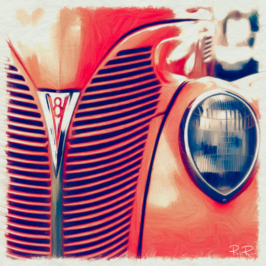 V8 Symphony: Red Hot Rod Reverie an oil painting of a vintage hot rod