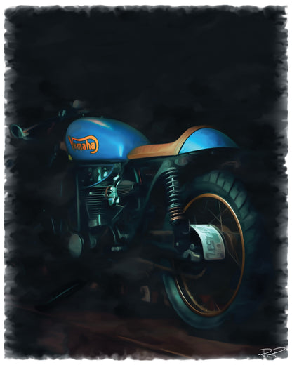 Limited Edition Print of a Vintage Yamaha Motorcycle in Blue