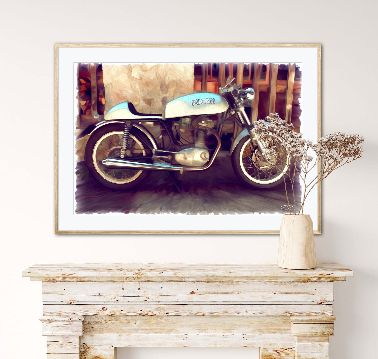 Ducati Dreams: Rustic Revival an oil painting of a vintage Ducati