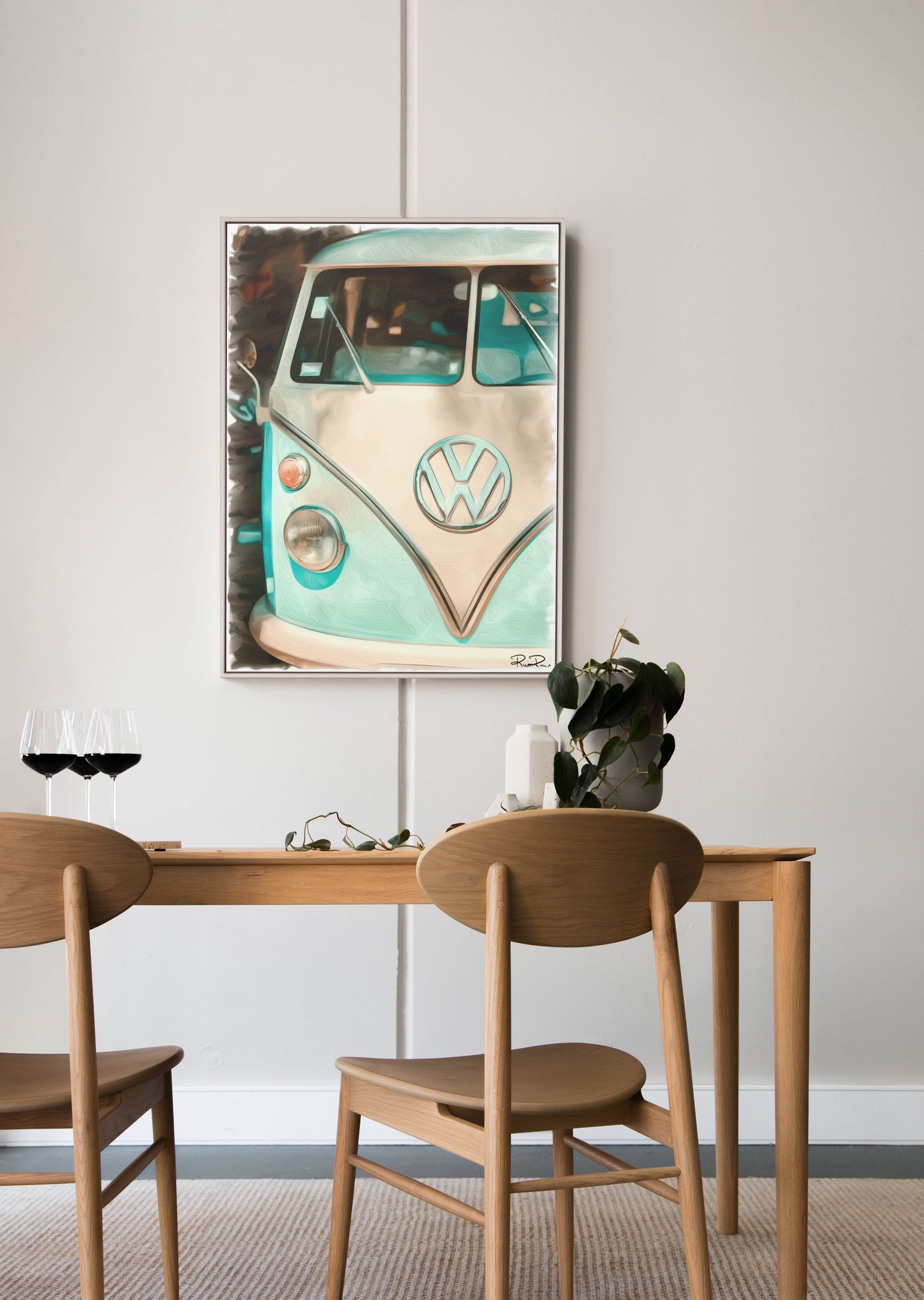 Vintage Wanderlust: Sky Blue Memories an oil painting of a vintage VW Bus