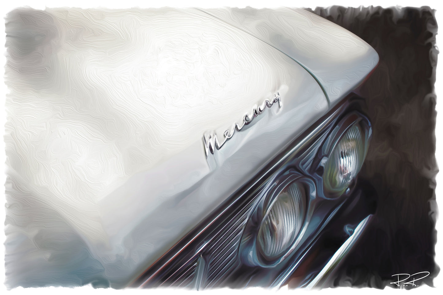 Cruisin’ in a Merc an oil painting of a vntage Mercury hood