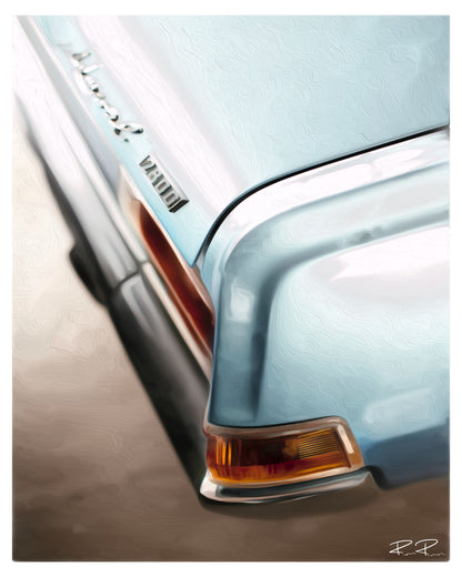 Vintage Blue, an  oil painting of a vintage cars rear quarter of a vintage car